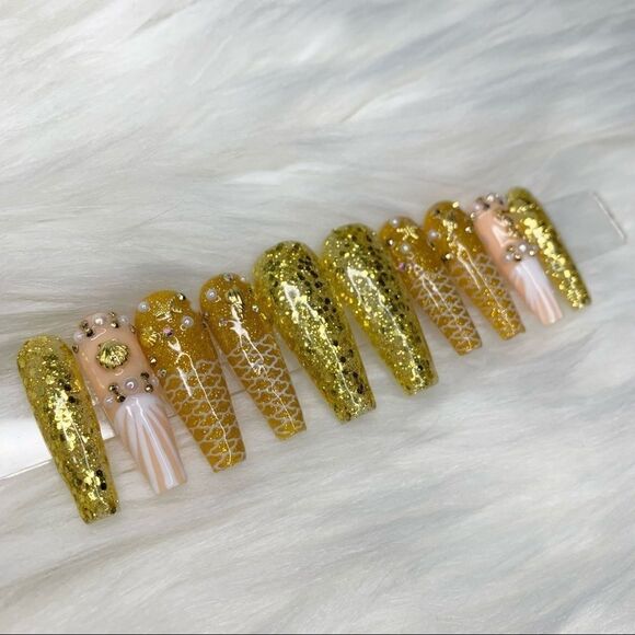 Yellow Mermaid 🧜♀️ Custom Press On Nails | High Quality Nails | Handmade - Picture 6 of 15